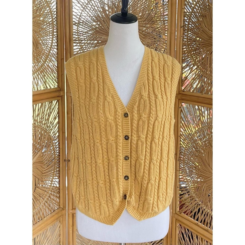 Vintage Karen Scott Yellow Cable Knit Sweater Vest with Button Front Closure - Picture 2 of 6